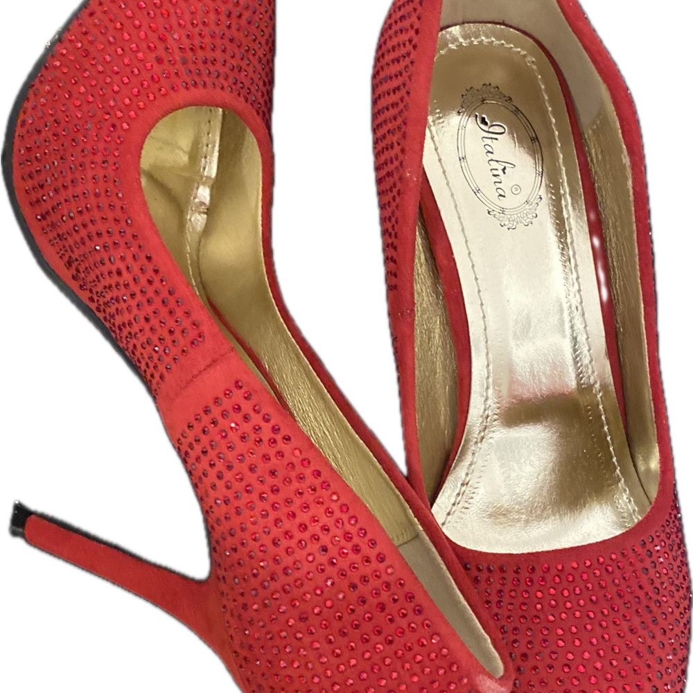 Italina Red Rhinestone Stiletto Heels - Picture 2 of 7